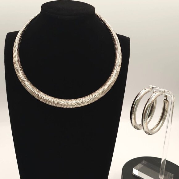 Modern Chunky Silver Tone Choker  Torque Brutalist Gothic  Necklace Earring Set - Picture 1 of 16